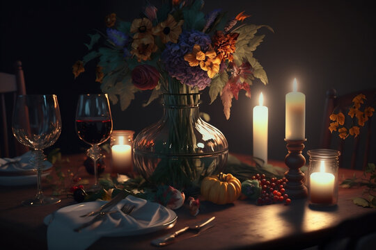 A Romantic Dinner Set Up With Candlelight, Flowers, And Wine, Cinematic, 4k, Ralistic