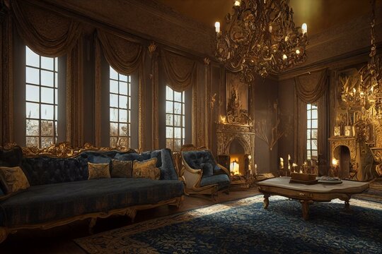 Baroque Living Room Interior Of A Gothic Style Castle With A Fireplace And Blue Plush Sofas With Pillows. Generative AI