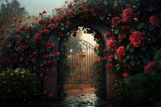 In a heavy rain,A large expanse of red roses is blooming brilliantly,The iron gate of the rose garden opened. generative AI