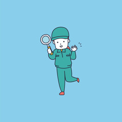 虫眼鏡をもってバッチグー！なポーズをとる作業服の女のイラスト素材｜mayucolor09