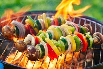 vegan barbecue skewers grilling on charcoal grill - obrazy, fototapety, plakaty
