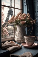 a cup of coffee with boho flowers by a window with a view of the Eiffel Tower, AI assisted finalized in Photoshop by me