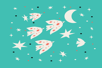 Abstract contemporary print with cutting birds' moon and stars on blue background.Illustration 