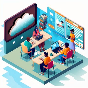 Illustration of students working on laptops. Life in the Cloud.