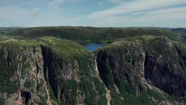 Gros Morne National Park, Newfoundland - Push In Drone Clip of waterfall on mountain