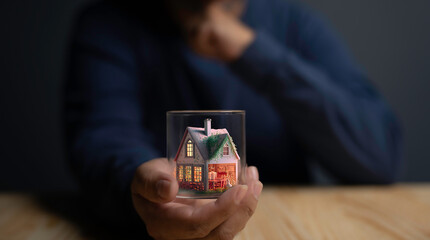 concept, inspiration, dream of future home, male hand holding house model, saving money Deposit money and calculate the loan from the bank to a construction house according to the budget.