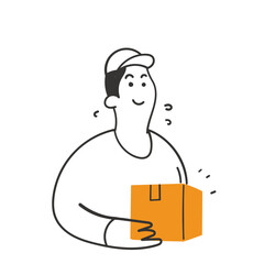 hand drawn doodle delivery courier person holding package box illustration