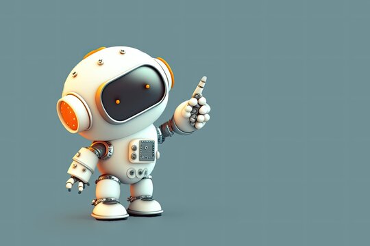 Happy Cute Robot Pointing At A Space, A Friendly And Cheerful Robot Shows The Direction. 3D Rendering Illustration. Copy Space, Generative Ai.