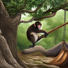 A mischievous monkey swinging from tree to tree, Generative AI