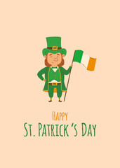 Happy St Patricks Day greeting card with cute leprechaun with irish flag. Flat design vector illustration. Card collection for holiday. Ideal for postcard or invitation