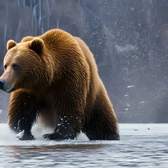 Obraz premium A powerful bear catching fish in a river, Generative AI