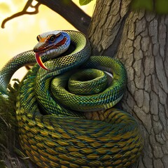 A striking snake coiled around a tree branch3,Generative AI
