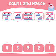 Count and match together worksheet for preschool kids. Educational printable math worksheet. Math game for children. Vector illustration. Valentine worksheet for kids. 