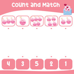 Count and match together worksheet for preschool kids. Educational printable math worksheet. Math game for children. Vector illustration. Valentine worksheet for kids. 