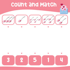 Count and match together worksheet for preschool kids. Educational printable math worksheet. Math game for children. Vector illustration. Valentine worksheet for kids. 