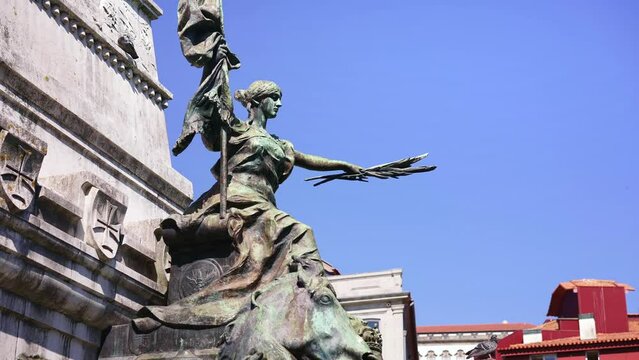 Statue of Prince Henry the Navigator in front of Bolsa Palace, Porto. Portugal landmark, tourism destination. 