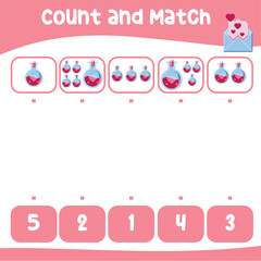 Count and match together worksheet for preschool kids. Educational printable math worksheet. Math game for children. Vector illustration. Valentine worksheet for kids. 
