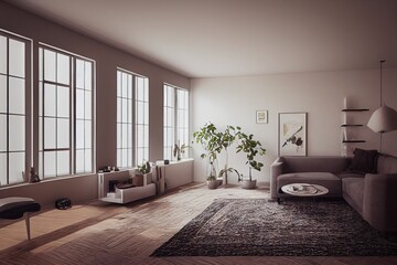 mock up poster frame in boho interior background, wooden living room design, Scandinavian style. Generative AI illustration