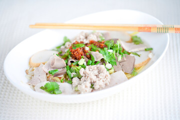 Thai Noodles​ with pig machine and cow machine and meat ball and fresh vegetable and warm soup, Meat ball noodle Special machine in