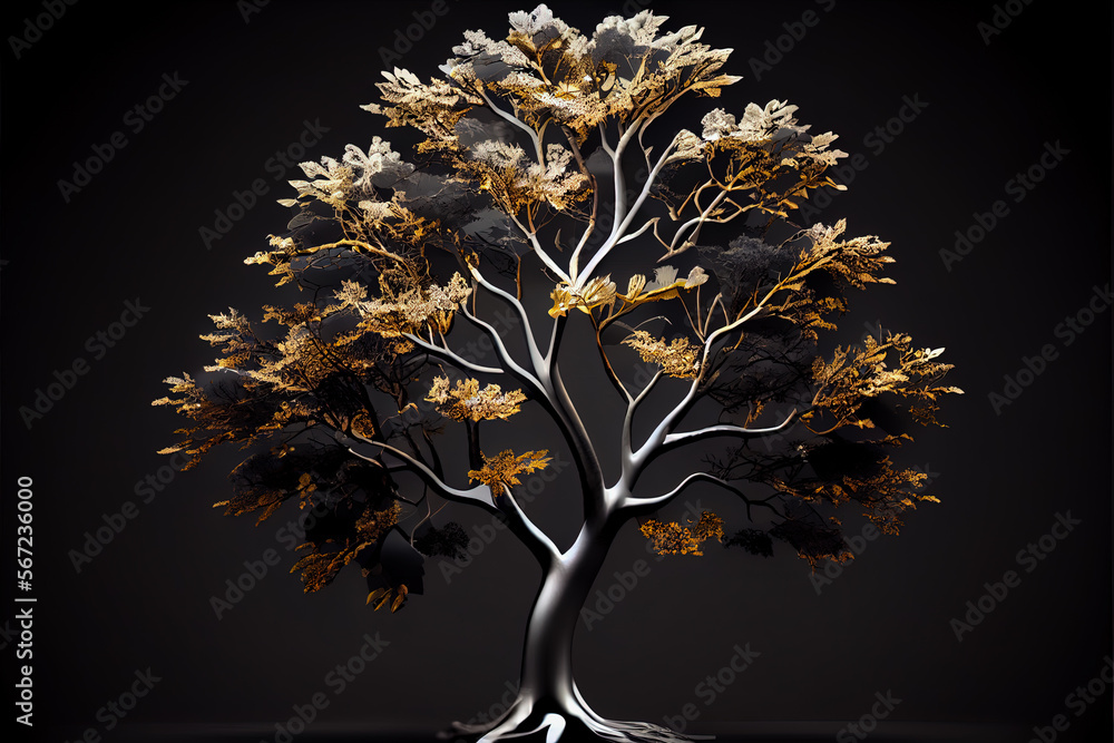 Wall mural abstraction of a golden tree on a black background. Generative AI