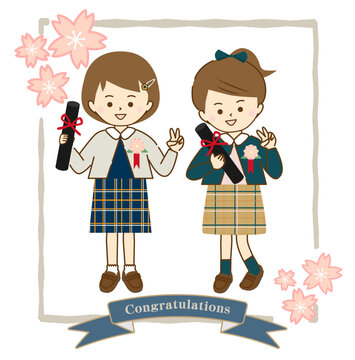 卒業式に友達と笑顔で記念写真を撮る女の子①(桜とリボンフレーム付き)