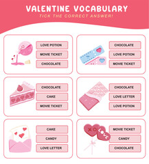 Read and choose the correct answer. Valentine items vocabulary. Worksheet for preschool. Word test game for kids. Vector illustration file. 