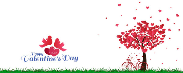 Happy Valentine's Day background with a heart shaped trees and a bicycle with love birds. Vector Illustration.