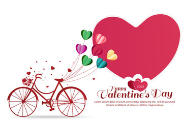 Valentine's Day greeting card with heart shaped balloons tied on a red bike. Big hearts isolated on white background. Vector