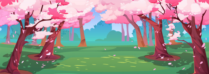 Japanese cherry garden with sakura blossom. Spring landscape of park with green grass glade and chinese cherry trees with falling pink flower petals, vector cartoon illustration © klyaksun