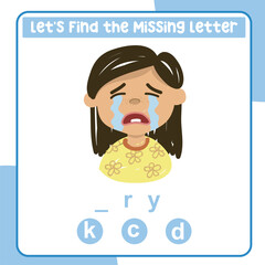 Complete the missing letter for feeling expression cry in English. Kids educational worksheet. Printable worksheet for preschool. Writing practice. Cute and Kawaii Vector file