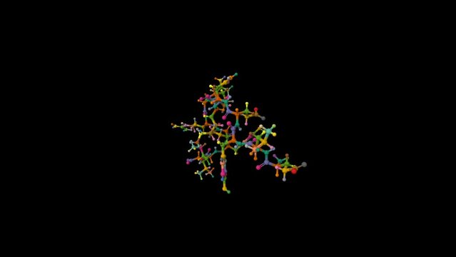 Structure of hormone neurotensin. 3D ball-and-stick and Gaussian surface model, PDB 2lne, black background