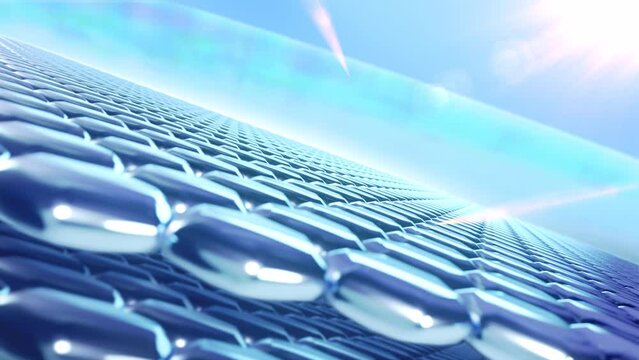 3D Animation Serum drops into skin cells for UV protection, and the Ultraviolet shield reflects. Hexagonal geometry, Ultraviolet shield reflect. Advertisements for cosmetics, sunblock, lotion