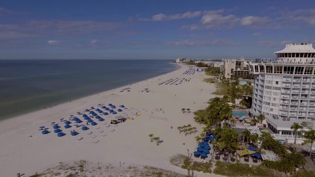4K Drone Video of Beach Cabanas and Umbrellas at Bellwether Resort on the Gulf of Mexico in St. Pete Beach, Florida