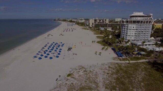 4K Drone Video of Beach Cabanas and Umbrellas at Bellwether Resort on the Gulf of Mexico in St. Pete Beach, Florida