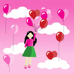 special valentine vector illustration of a woman flying with a heart balloon