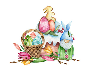 Large watercolor illustration. Hand-drawn wicker basket with colored eggs, Easter cupcake, gnome, twigs with berries and tulips on a white background. Easter, spring, holiday.