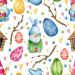 Seamless watercolor pattern. Hand drawn gnomes, easter eggs, colored dots, twigs and a birdhouse on a white background. Design for wrapping paper. Easter, spring