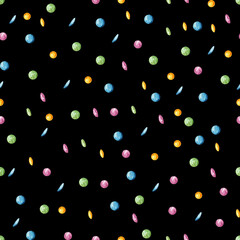 Seamless watercolor pattern. Multicolored dots, confetti on a black background. Design for wrapping paper. 