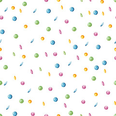 Seamless watercolor pattern. Multicolored dots, confetti on a white background. Design for wrapping paper. 