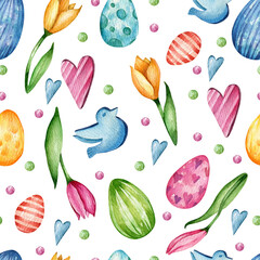 Seamless watercolor pattern. Colored eggs, pink and yellow tulips, bird, colored dots on a white background. Design for wrapping paper. Easter, spring