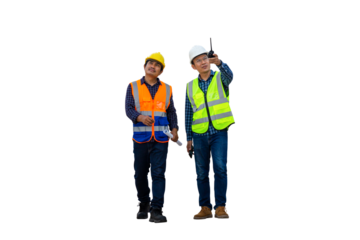 Engineer and foreman worker checking project at building site, Engineer and builders in hardhats discussing on construction site