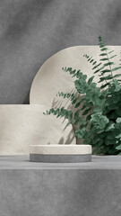 ceramic and concrete textured podium 3d render image blank mockup eucalyptus leaves in portrait