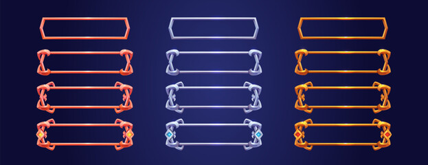 Empty rectangle frames in medieval style for game ui design. Vector cartoon set of user interface elements with golden, bronze and silver ornate border, ranking progress panel isolated on background