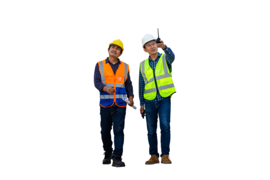 Engineer and foreman worker checking project at building site, Engineer and builders in hardhats discussing on construction site