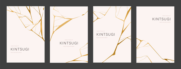 Set of gold kintsugi posters. Crack and broken effects. Marble texture. Luxury design for posters, wall art, wallpaper, wedding card, social media. Modern vector illustration. Japanese style.