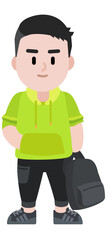 young man cartoon with a backpack in his hands