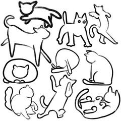 猫の線画イラストレーションセット、手描きのベクター