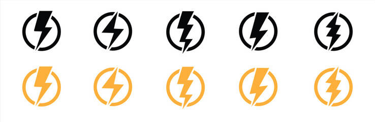 Lightning bolt icon set. Thunderbolt in the circle. Electric power symbol. Thunderbolt electric flashes sign. Vector illustration