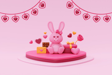 Happy Valentine's Day. Teddy bunny with heart shape balloons, presents, rose, chocolate and element decor for valentine on cake podium display. 3d rendering.