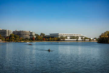 Watergate Hotel and Kennedy Center from the Potomac River in Georgetown in downtown Washington, DC